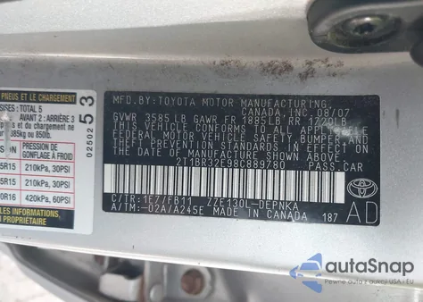 2008 Toyota Corolla Le from USA, damaged, VIN 2T1BR32E98C889780